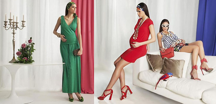 Costumamos roupas para mulheres gravidas de mãos dadas - uma saia, um vestido, uma calça
