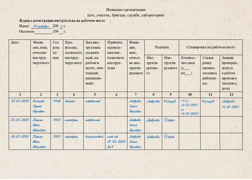 Instruções metódicas e recomendações para completar a revista de briefing no local de trabalho