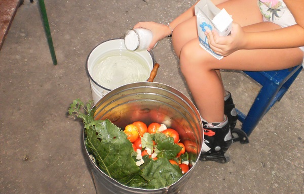 Salteando um tomate em um balde