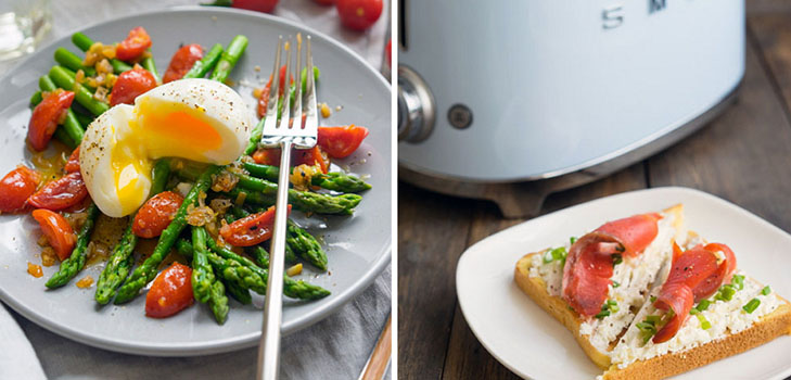 A idéia de um almoço de verão: torradas com salmão e uma salada de espargos quentes