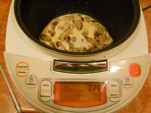 Carne de porco em um molho cremoso em um multivark
