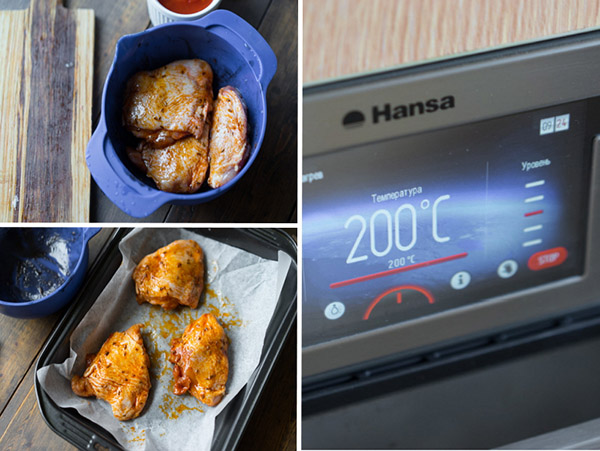Uma receita de frango simples em uma marinada com uma guarnição de vegetais