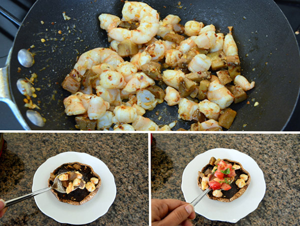 Cogumelos grelhados com enchimento de tomate e camarão, deliciosa receita