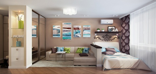 Sala de estar e quarto em um quarto (foto)